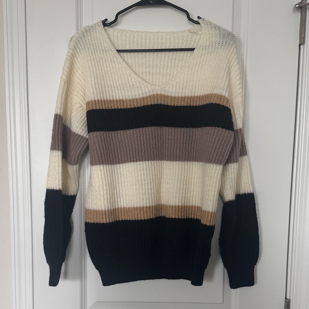 Striped V-Neck Sweater - Cream, Black, Brown
